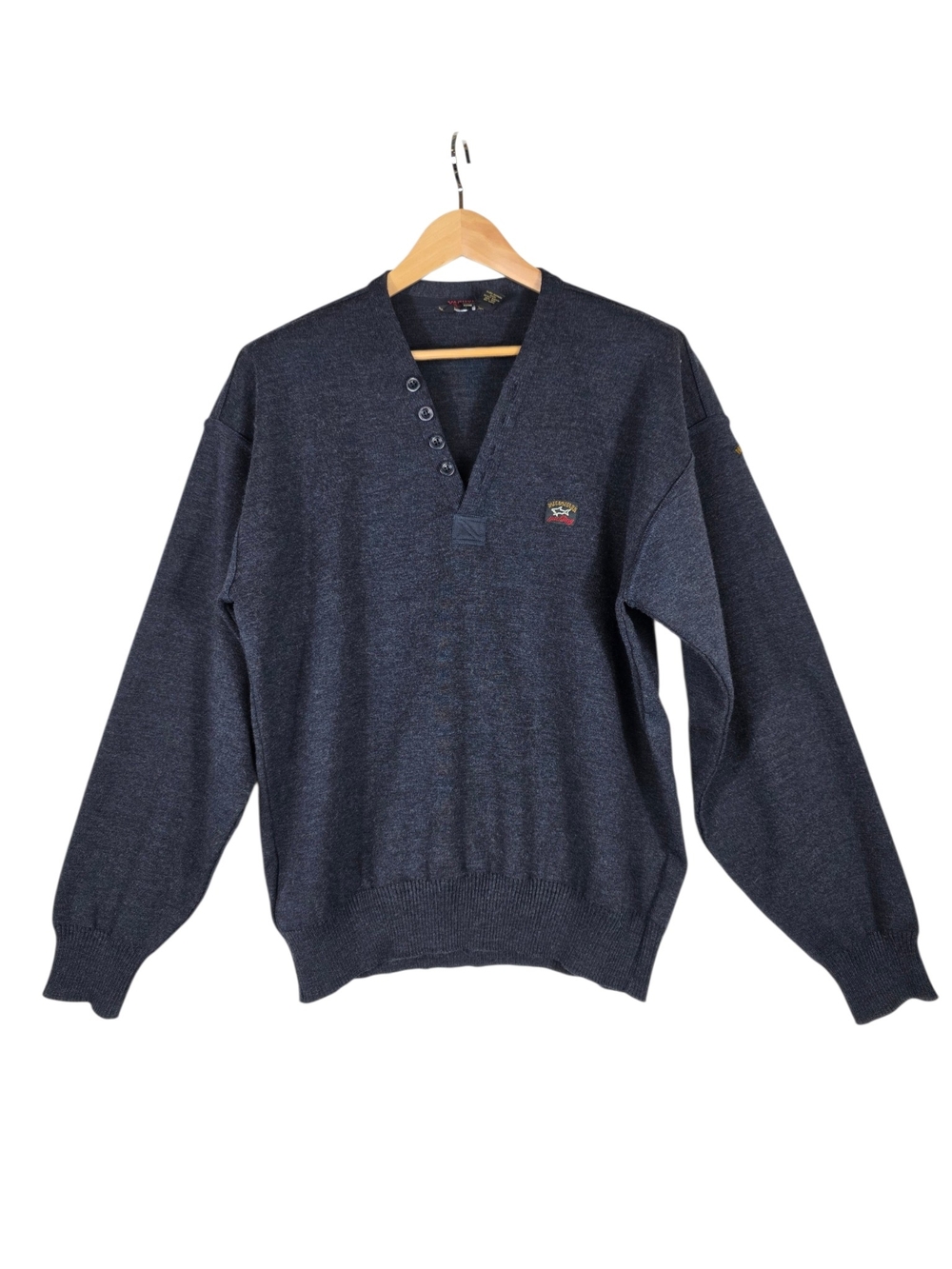 Paul & Shark Men's V-Neck Knit Wool Button Sweater in Navy  with Elbow Patches